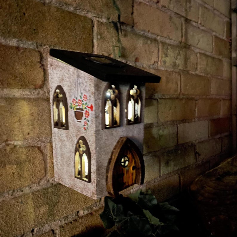 Solar Fairy House, Solar Powered Wooden Garden Cottage, Light Up Whimsical Decor, Illuminated Fairy Garden House with Sparkly Door & Lantern image 6
