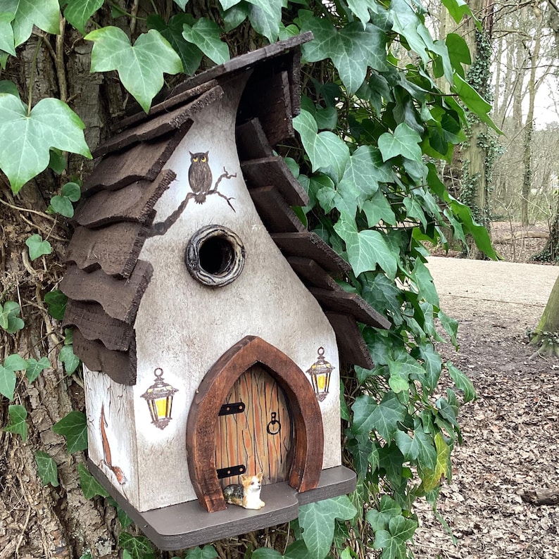 Wooden bird box, bird house, Hand painted featuring a fox, owl, dog, rabbits and fairy door. Great gardeners gift. image 9