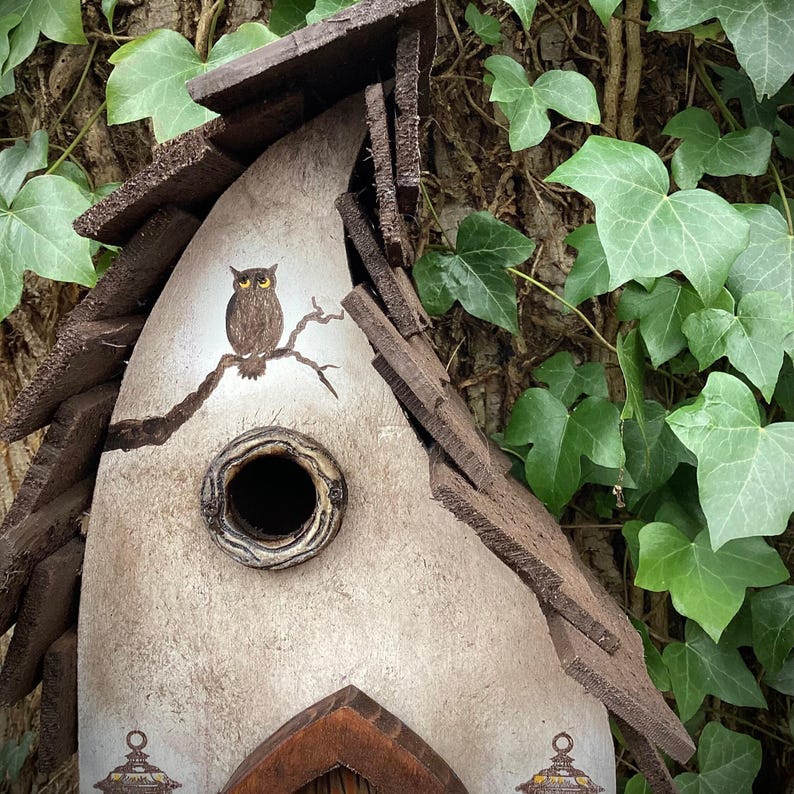 Wooden bird box, bird house, Hand painted featuring a fox, owl, dog, rabbits and fairy door. Great gardeners gift. image 5