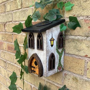 Solar Fairy House, Solar Powered Wooden Garden Cottage, Light Up Whimsical Decor, Illuminated Fairy Garden House with Sparkly Door & Lantern image 4