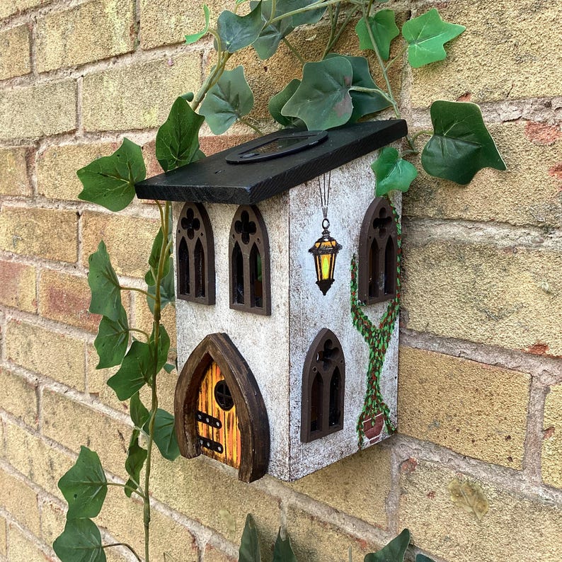 Solar Fairy House, Solar Powered Wooden Garden Cottage, Light Up Whimsical Decor, Illuminated Fairy Garden House with Sparkly Door & Lantern image 4