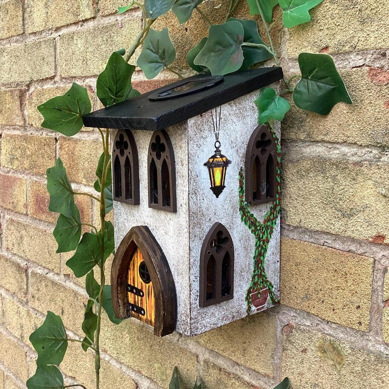 Solar Fairy House, Solar Powered Wooden Garden Cottage, Light Up Whimsical Decor, Illuminated Fairy Garden House with Sparkly Door & Lantern image 2
