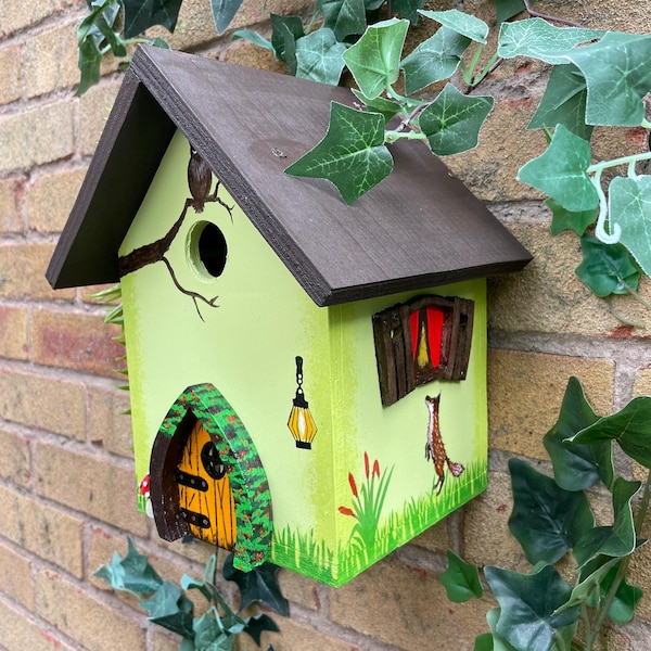 Hand-Painted Wooden Bird House, Fox, Owl, Fairy Garden Decor