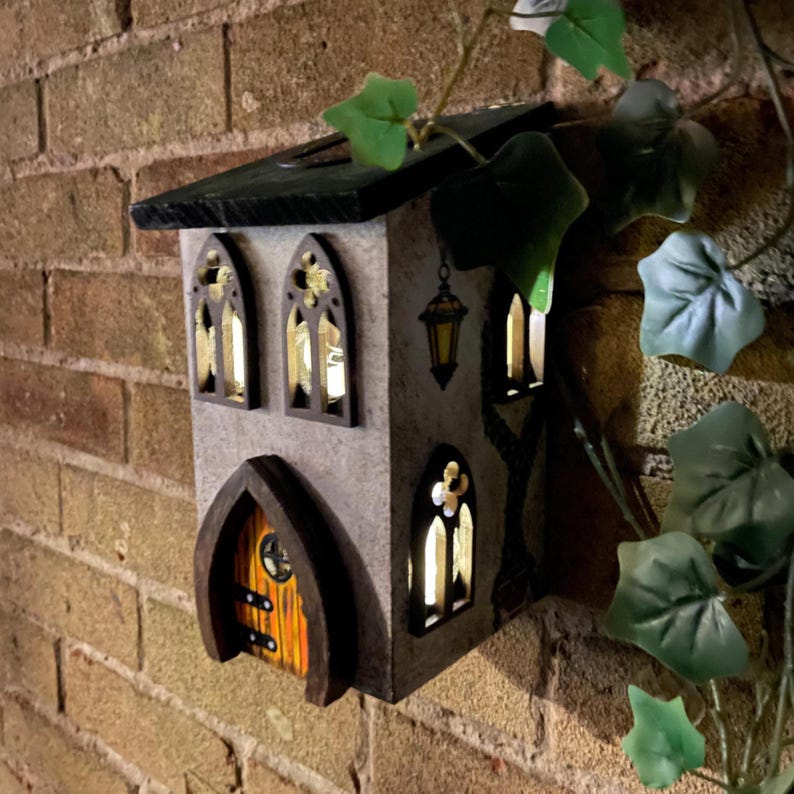 Solar Fairy House, Solar Powered Wooden Garden Cottage, Light Up Whimsical Decor, Illuminated Fairy Garden House with Sparkly Door & Lantern image 3
