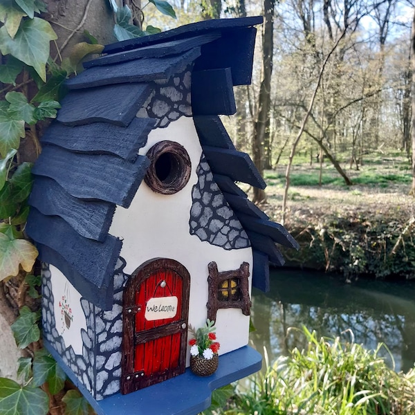 Wooden bird house for small garden birds, gifts for mum, birthday, housewarming, gift for gardeners outdoor garden decoration fairy house