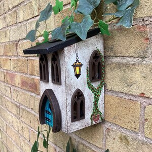 Solar Fairy House, Solar Powered Wooden Garden Cottage, Light Up Whimsical Decor, Illuminated Fairy Garden House with Sparkly Door & Lantern image 8