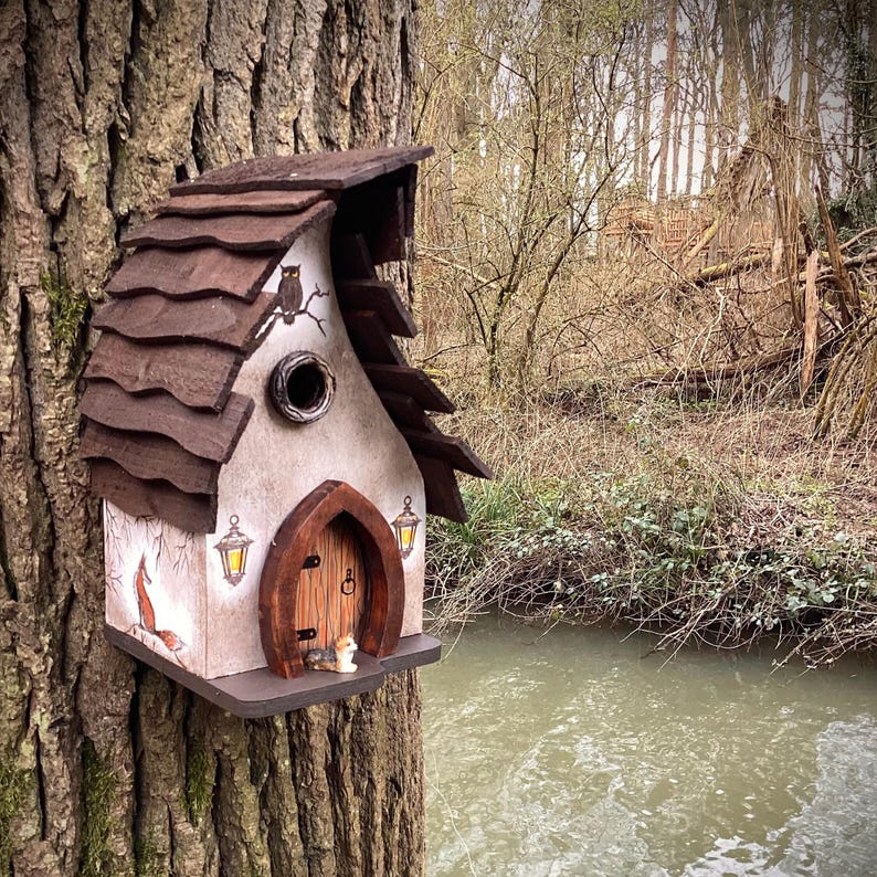 Wooden bird box, bird house, Hand painted featuring a fox, owl, dog, rabbits and fairy door. Great gardeners gift. image 7