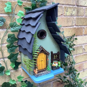 Beautiful hand painted birdhouse with a fairy house theme. Wooden bird box with a fairy door,  whimsical gift for all garden lovers,