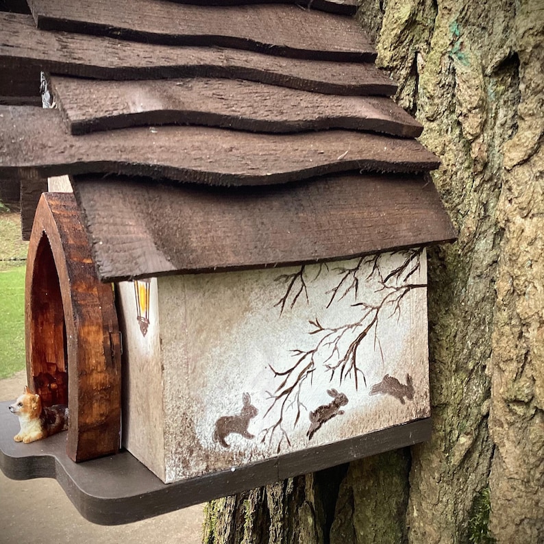Wooden bird box, bird house, Hand painted featuring a fox, owl, dog, rabbits and fairy door. Great gardeners gift. image 3