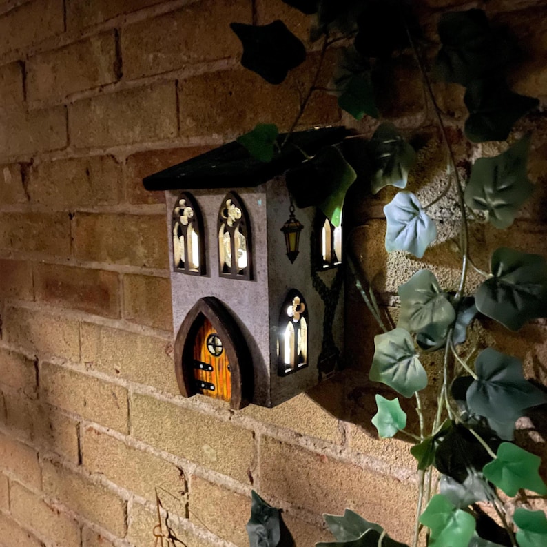 Solar Fairy House, Solar Powered Wooden Garden Cottage, Light Up Whimsical Decor, Illuminated Fairy Garden House with Sparkly Door & Lantern image 11