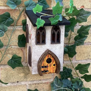 Solar Fairy House, Solar Powered Wooden Garden Cottage, Light Up Whimsical Decor, Illuminated Fairy Garden House with Sparkly Door & Lantern Rustic orange