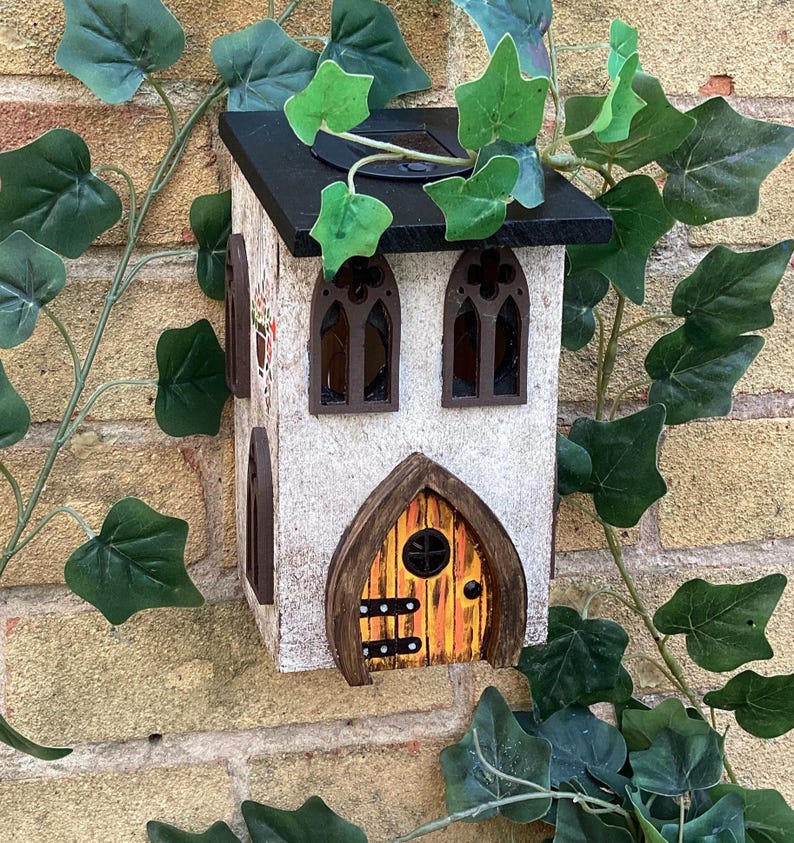 Solar Fairy House, Solar Powered Wooden Garden Cottage, Light Up Whimsical Decor, Illuminated Fairy Garden House with Sparkly Door & Lantern Rustic orange