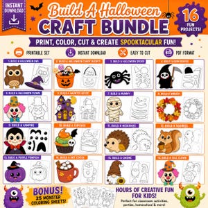 May include: A digital Halloween craft bundle featuring 16 printable projects including an owl, spider, grim reaper, clown, haunted house, mummy, wreath, vampire, cupcake, hedgehog, squirrel, pumpkin, hot cocoa, gnome, and fall clown.