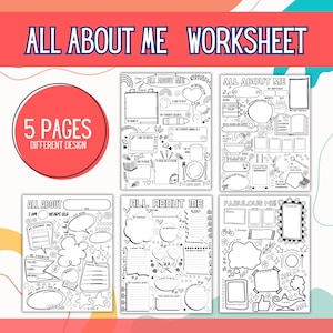 May include: A set of five black and white All About Me worksheets featuring various fill-in-the-blank sections, doodle illustrations, and frames for personal information, hobbies, and favorites, presented on a colorful background with text.