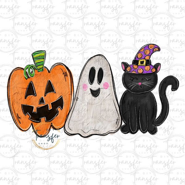 Halloween Transfer Black Cat with Witch Hat, Ghost, Jack o Lantern | Sublimation Transfer | Ready to Press