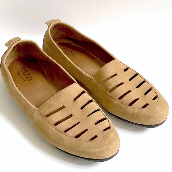 1990's Arche Tan Nubuck Flats, Women's Size 40 EUR, Laser Cut Uppers, Black Latex Outsoles, Made in France