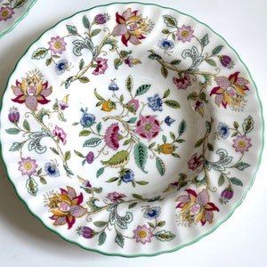 Minton Haddon Hall Rim Soup Bowls, Set of 2, Chintz, Green Trim, Swirled Rim, Bone China, Made in England