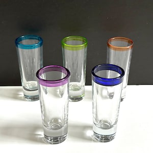 Libbey Crisa Tall Shot Glasses, Set of 5, Thick Bottoms, Colorful Rims, Tequila Shots