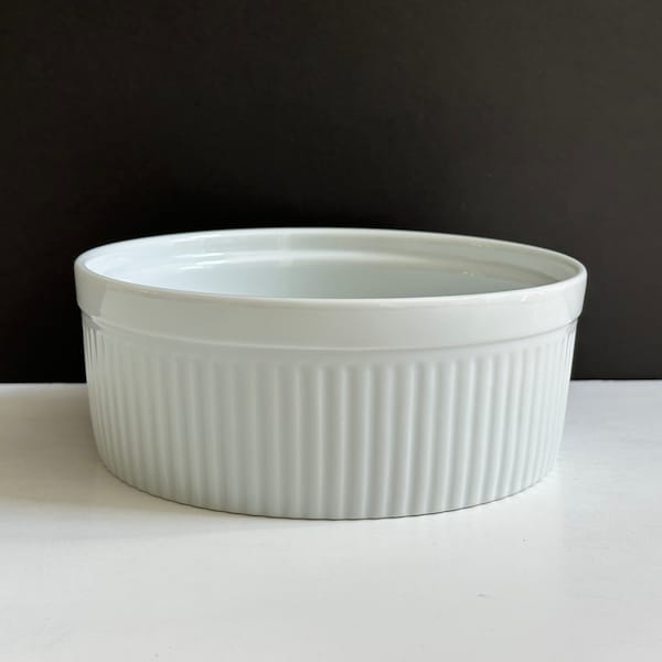 White Pleated 7" Souffle Dish, Porcelana Schmidt, White Round Porcelain Casserole, Made in Brazil