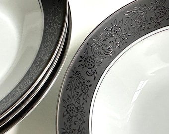 Noritake Mirano: 4 White Rim Soup Bowls, Black Floral Band, Platinum Trim