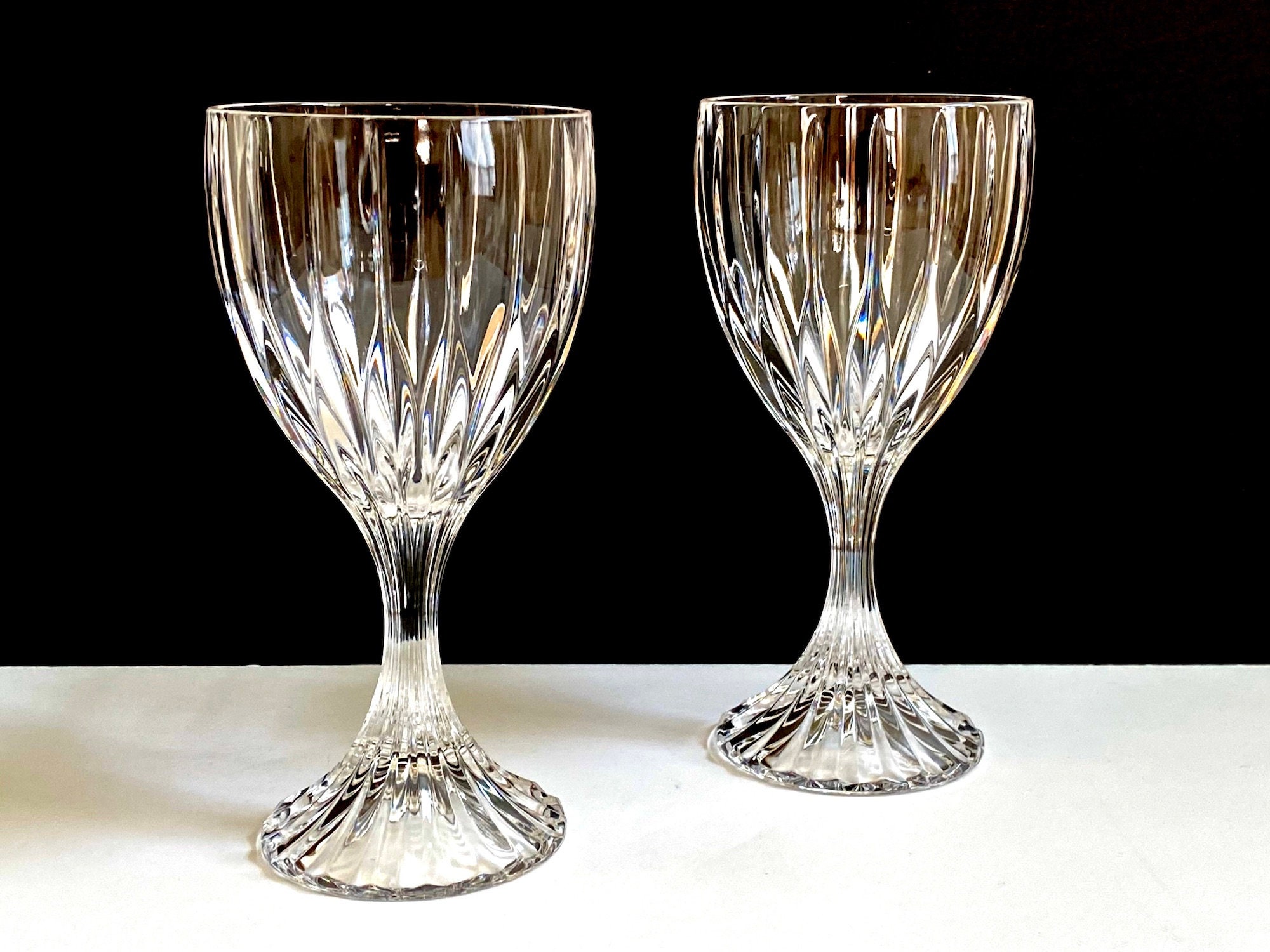 (2) Balloon Wine Goblets Glasses Crystal w/ Metal silverplated stems &  bases MCM