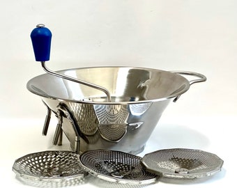 Matfer Bourgeat X3 French Food Mill 12" Diameter 5 Qts, Stainless Steel, 3 Disc Shaped Graters, Blue Handle