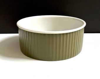 Olive Green Copco 2.5 Qt Casserole Dish, Michael Lax Design, Pleated Sides, White Interior, Made in USA
