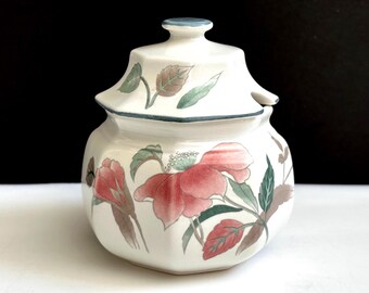 Mikasa Silk Flowers: Lidded Sugar Bowl, Octagonal, Pink Flowers, Teal Leaves, Japan