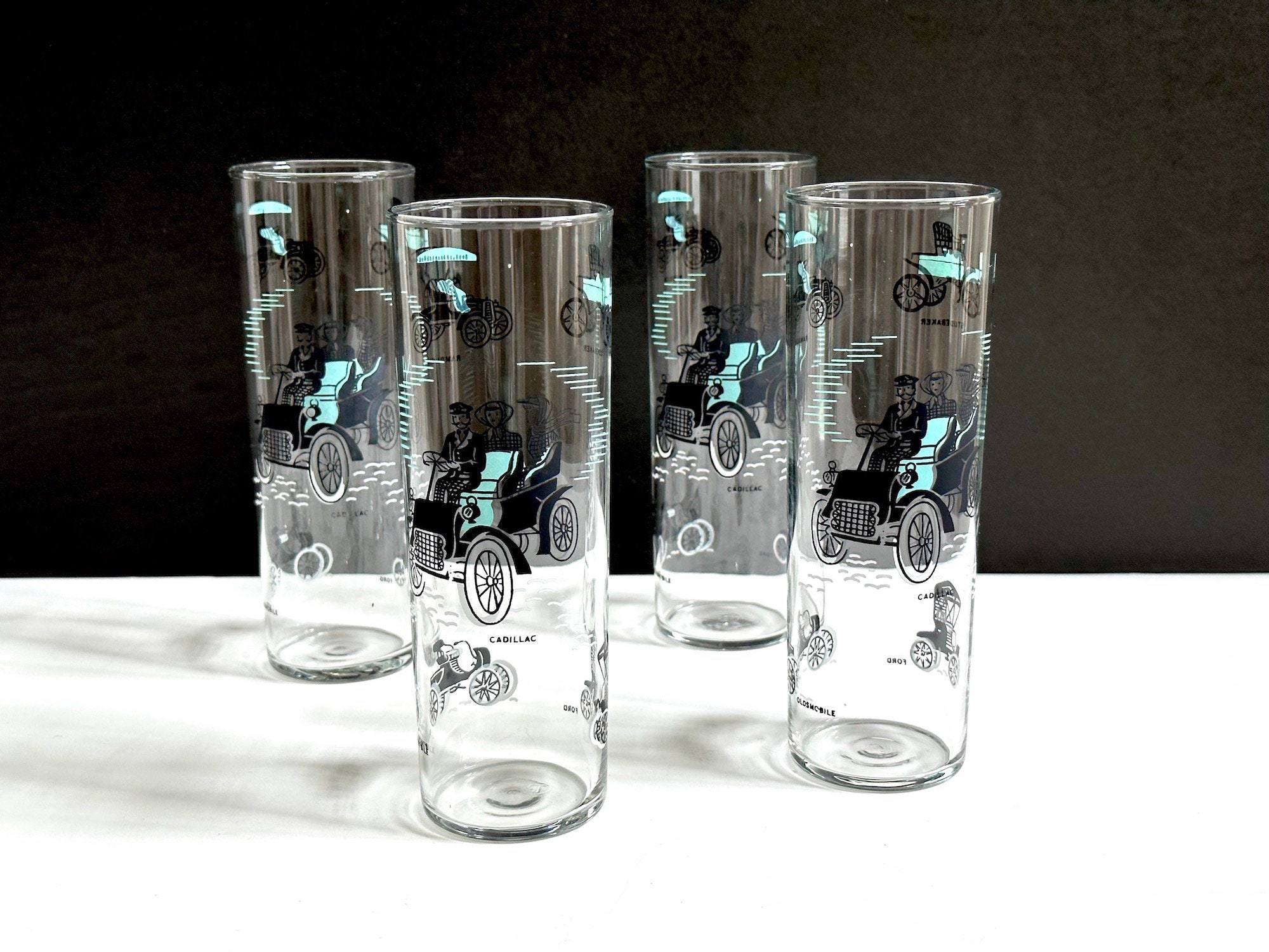 Set of 4 Atomic Fish & Arrows Turquoise, Pink, Gold Tom Collins Glasses,  Unused