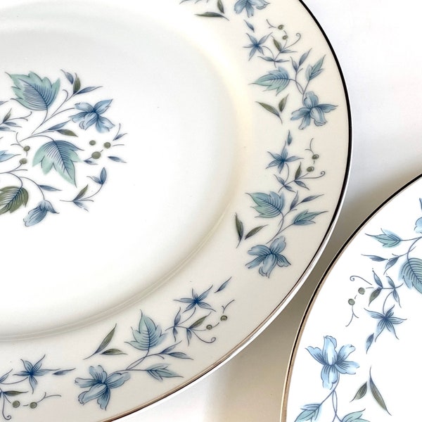 White & Blue Plates, Nasco Bluefield Dinner Plates, Set of 2, Fine China Plates, Blue Flowers, Blue Leaves, Platinum Trim, Made in Japan