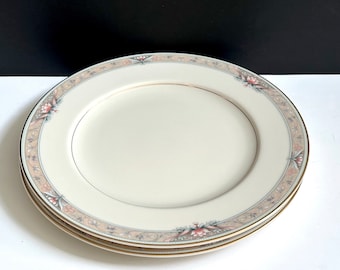 2 Dinner Plates w/Pink Flowers, Tan Band & Gold Trim: Grandville by Mikasa