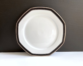 Christopher Stuart 12" Chop Plate, Black Dress Pattern, White Octagon Platter, Black Band, Gold Trim