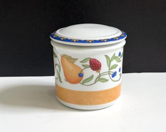 Dansk Fiance Fruits Lidded Sugar Bowl, Orange Rim, Blue Band, Colorful Fruits