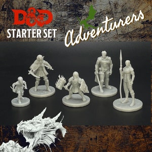 May include: A set of five gray plastic miniature figurines of fantasy characters, including a warrior, a wizard, a rogue, a cleric, and a dragon. The figurines are on circular bases and are part of a Dungeons & Dragons starter set.