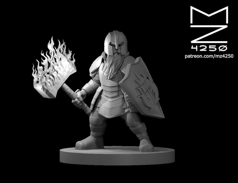 May include: A miniature figurine of a dwarf warrior wearing armor and holding a flaming hammer and a shield. The dwarf has a beard and is wearing a helmet.