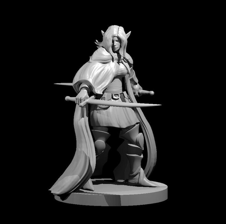 May include: A gray painted miniature figurine of a female elf warrior wearing armor and a flowing cloak, holding two swords in her hands.