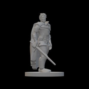 May include: A white plastic miniature figurine of a person wearing a cloak and holding a sword. The figurine is standing on a round base.