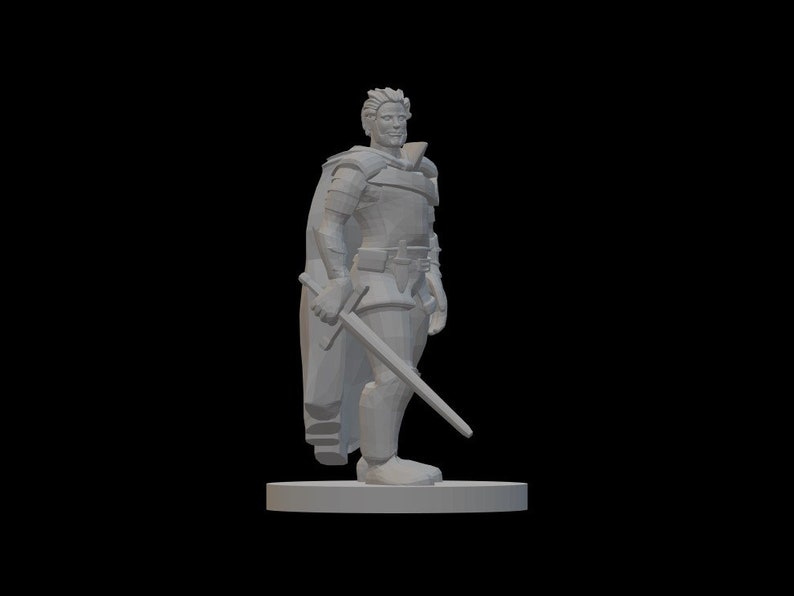 May include: A white plastic miniature figurine of a person wearing a cloak and holding a sword. The figurine is standing on a round base.