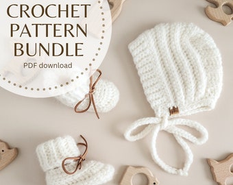 Classic Ribbed Bonnet and Booties Crochet Pattern Bundle (2 PDF Files)