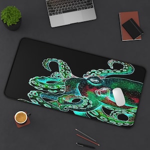 Octopus in negative design, Unique Desk Pad, Cool Office Decor, Gaming Mouse Pad, Large Desk Blotter, Nautical Desk Accessory