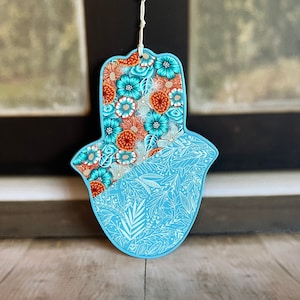 Tenture murale florale Hamsa pour cadeau de pendaison de crémaillère juif hamsa turquoise orange maison bénédiction cadeau de mariage juif décoration murale spirituelle hamsa