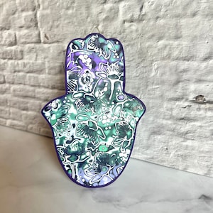 Modern Hamsa in purple green white Jewish home blessing wall decor housewarming gift made in Israel hamsa with floral pattern wall hanging