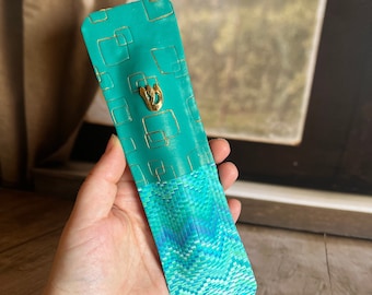 Large green and turquoise mezuzah case with a modern design