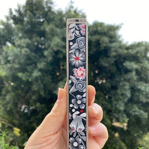 Floral mezuzah case black and white kosher mezuzah cover housewarming gift mezuzah with kosher scroll mezuzah wedding gift Jewish home decor