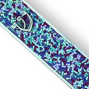 May include: A silver mezuzah case with a blue, purple and green sprinkle design. The case features a silver Hebrew letter Shin.