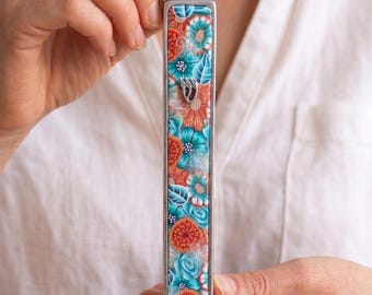 Floral mezuzah case for house warming mezuzah cover in turquoise orange mezuzah for Jewish wedding gift idea Jewish engagement home decor