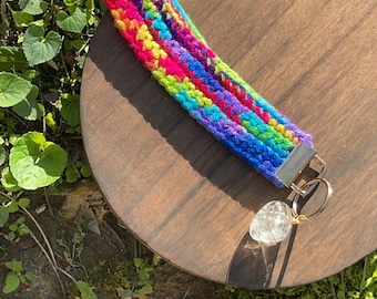 Light Bohemian Kaleidoscope Colors Crochet Wrist Strap with Healing Keychain Crystal: Unique Crochet Designs with Raw Clear Quartz Crystal
