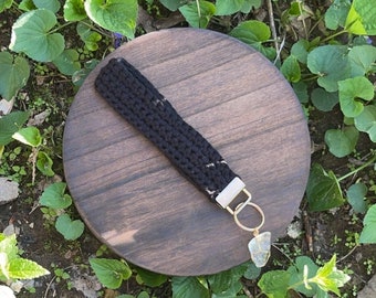 Black Handmade Crochet Keychain with Wire-wrapped Clear Quartz Crystal - Healing Crystal Keychain, Premium Cotton/Nylon Blend