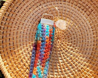 Dark Bohemian Kaleidoscope Colors Crochet Wrist Strap with Healing Keychain Crystal: Unique Crochet Designs with Raw Clear Quartz Crystal