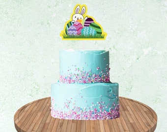 Easter Bunny, Eggs & Grass Cake  Gift Basket Topper - Vibrant Design